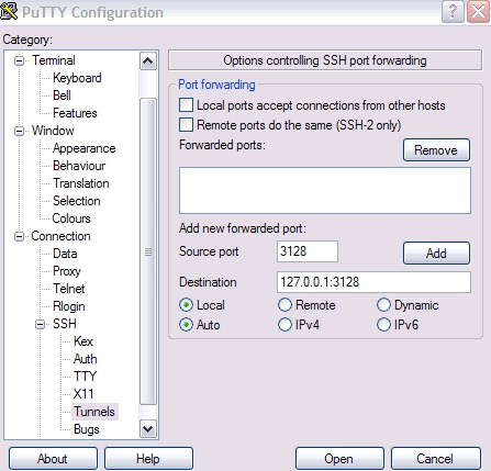 create ssh tunnel putty